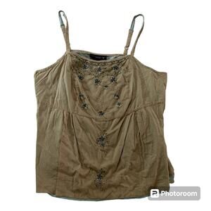 Vtg Y2K 2000s Plus Mesh Overlay Tank Top Floral Embroidery Beaded Wmns 22